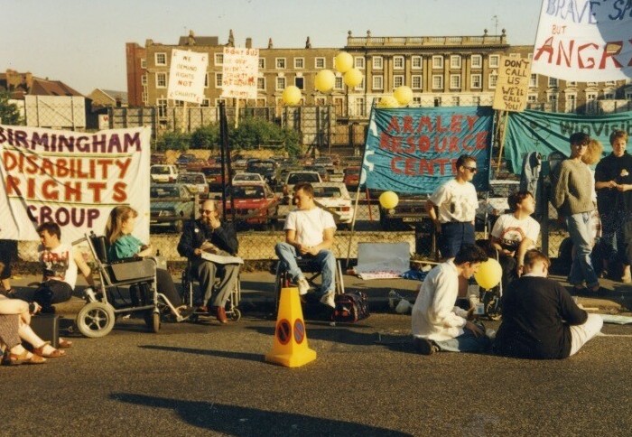 This photo is from the first protest against Telethon, on 27 May 1990. It was held outside London Weekend Television studio, South Bank, London, where the programme was being filmed.