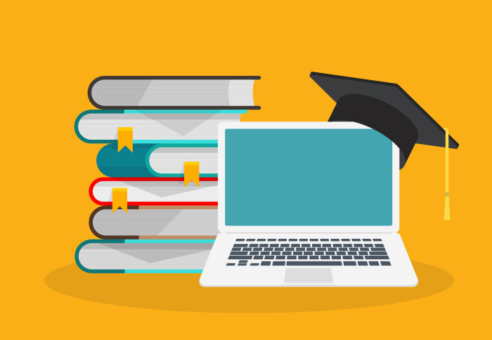 Vector illustration of books, a laptop and a mortarboard