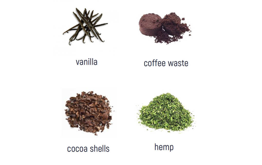 pictures of plants: vanilla, coffee, cocoa, hemp