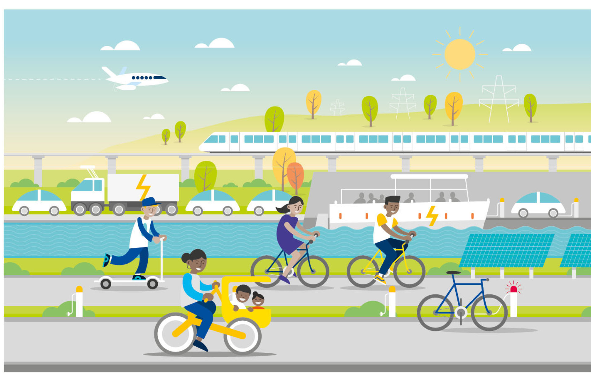 Graphic showing cityscape with trains, electric vehicles, cyclists, and people on scooters