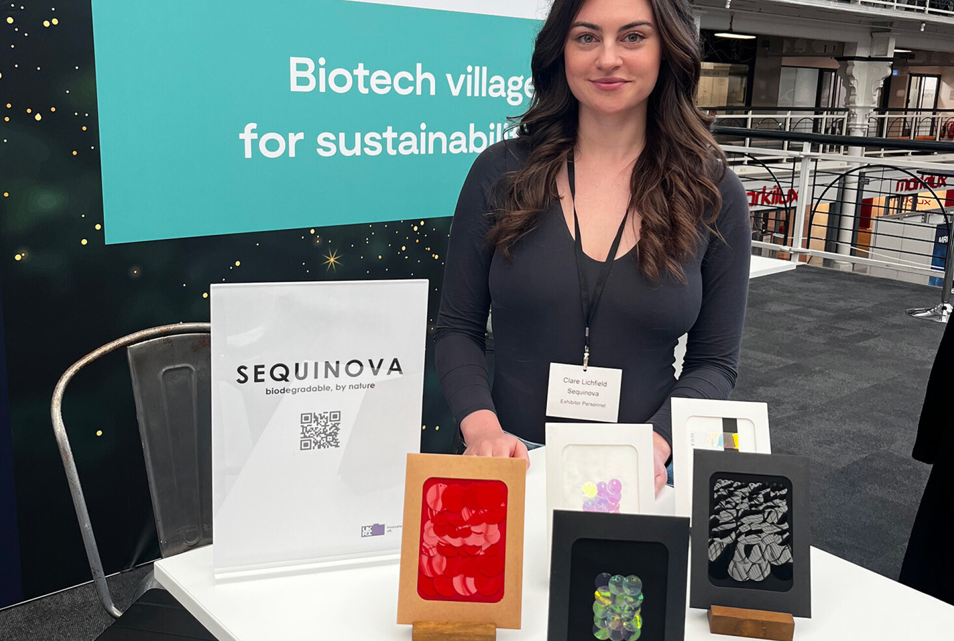 Clare Lichfield from Sequinova showcasing its biodegradable sequin textiles and glitter