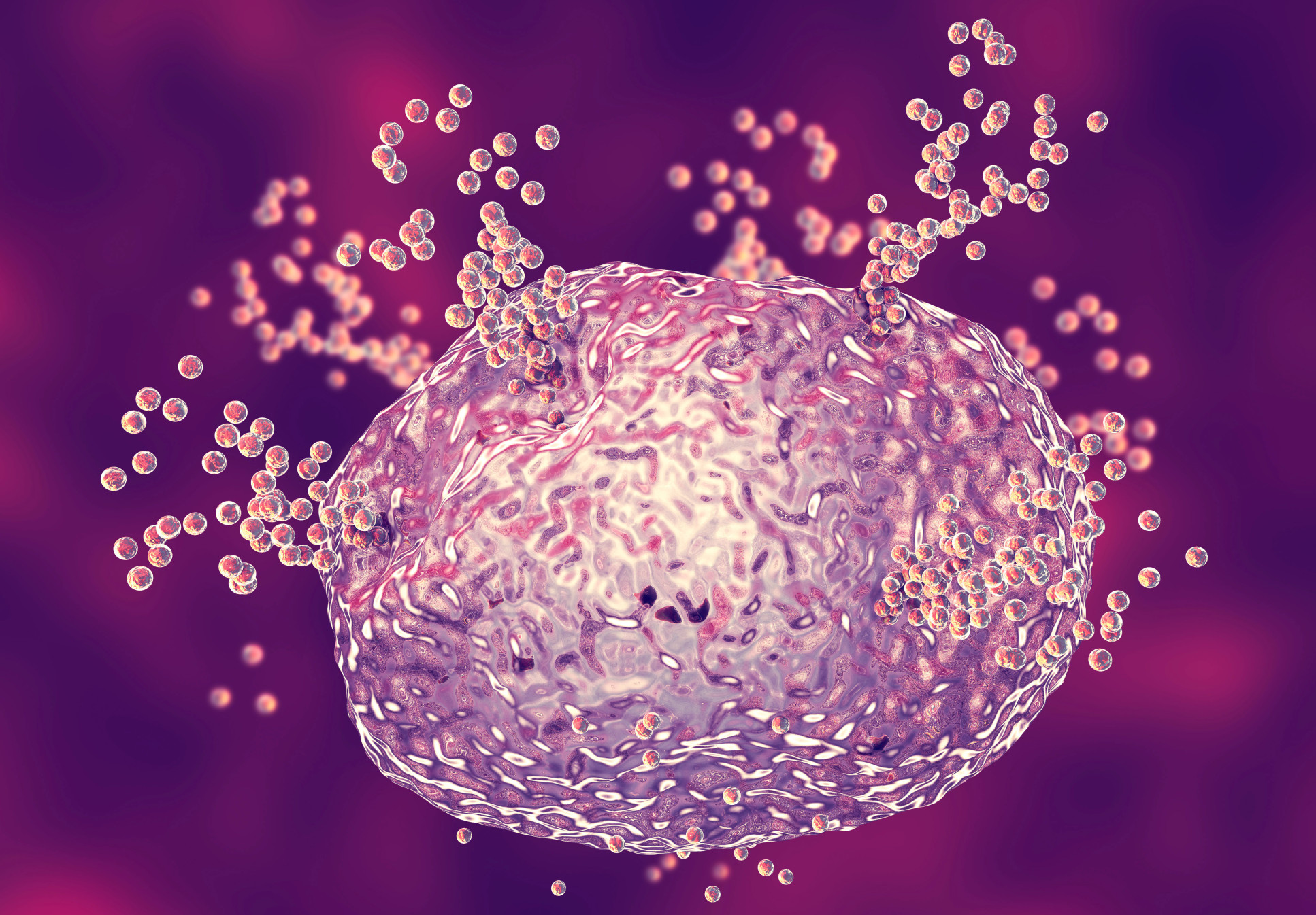3D rendering of a large cell (mast cell) releasing tiny molecules (histamine)