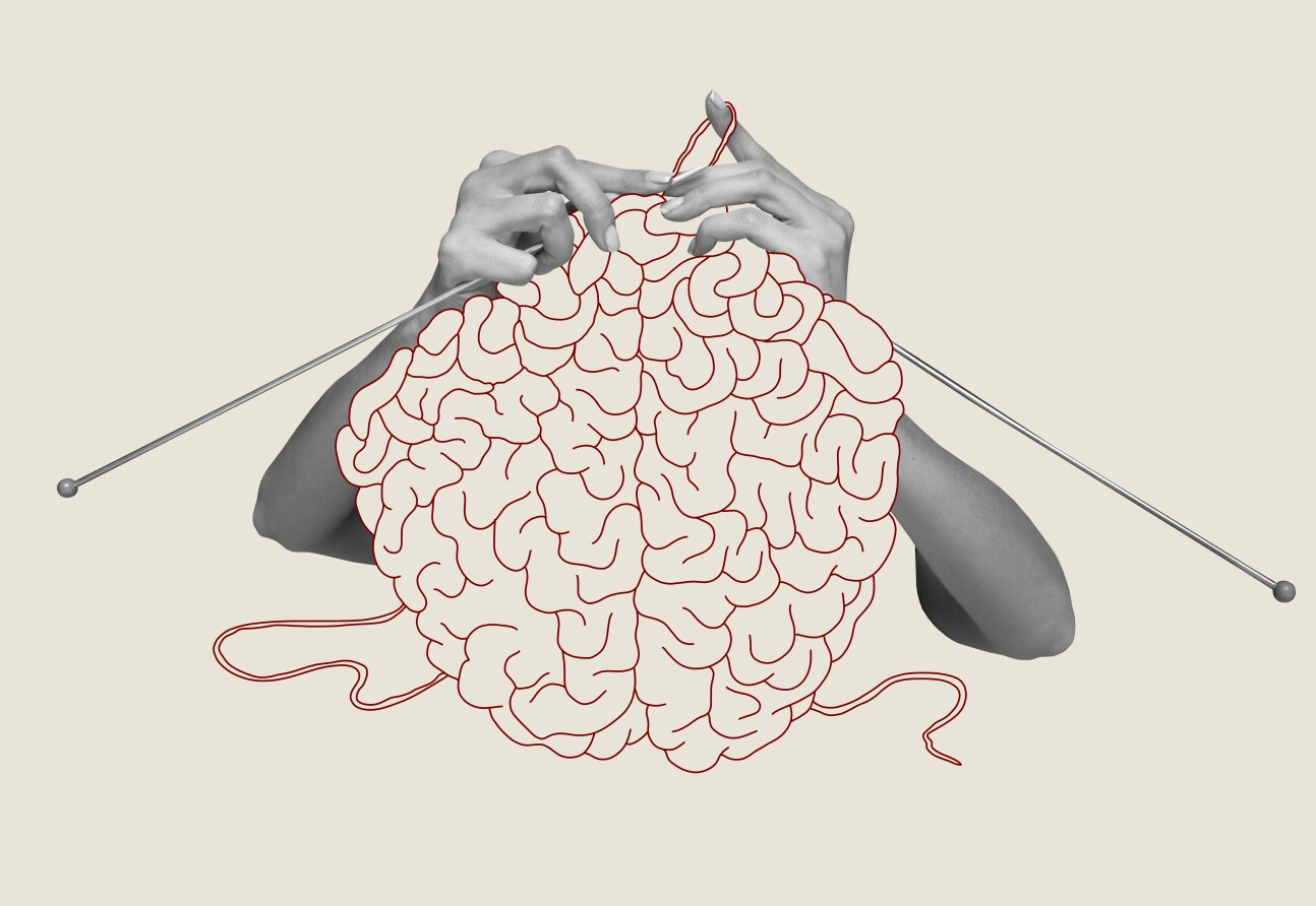Contemporary art collage. Human hands knitting brain. Growing psychological and emotional stability. Abstract design. Concept of psychology, inner world, mental health, feelings. 