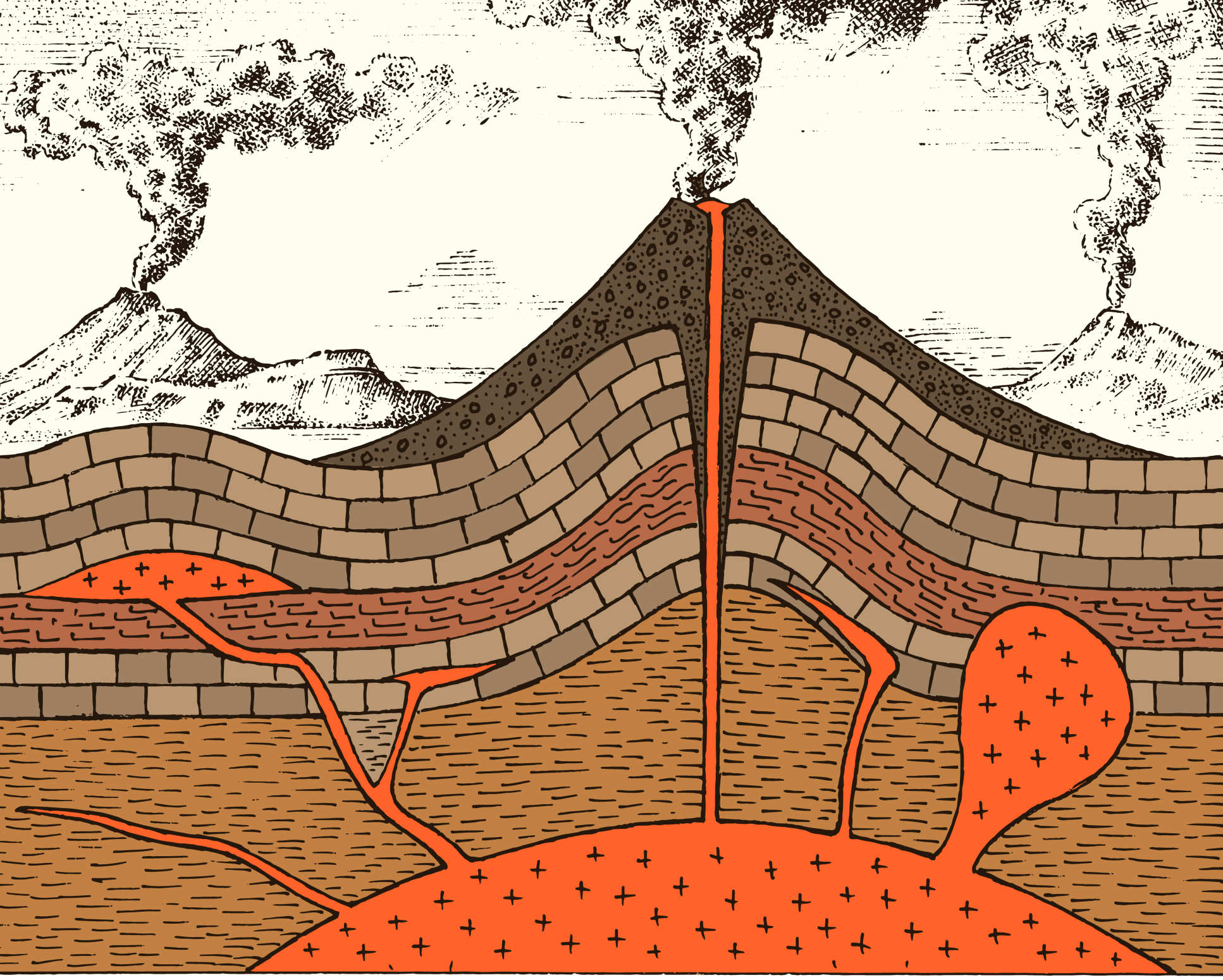 Illustration of a magma chamber below a volcano
