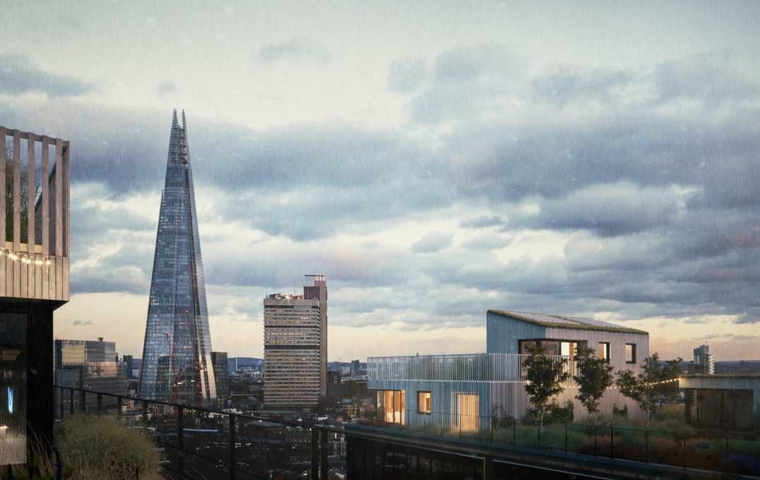 London skyline with homes built on a roof