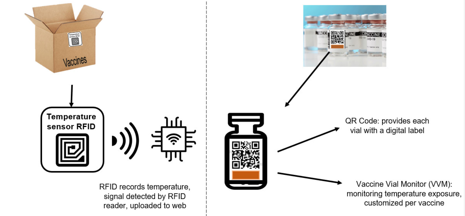 Images on the left show a close-up of the RFID temperature sensor for the vaccine boxes, which records the surrounding temperature and uploads this data to the web. One the right there's an illustration of the vaccine vial, including a QR code which is a digital label, and a coloured strip, which is the Vaccine Vial Monitor (VVM) monitoring temperature exposure, customised for each type of vaccine