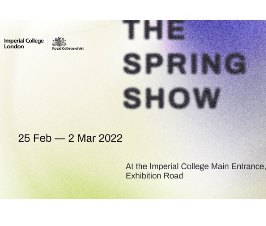 Text 'The Spring Show' on a purple and yellow background with exhibition dates and location