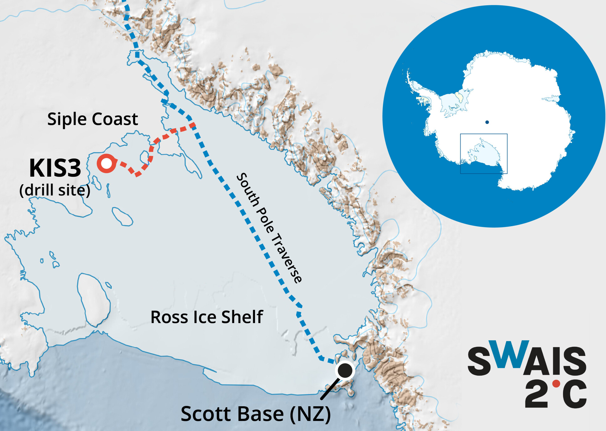 Route to KIS3 drilling site. Graphic SWAIS2C map. Credit: Quantarctica Norwegian Polar Institute