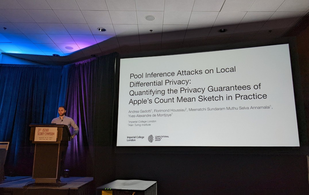 Andrea Gadotti presenting their paper on pool interference attacks against Apple's Count Mean Sketch