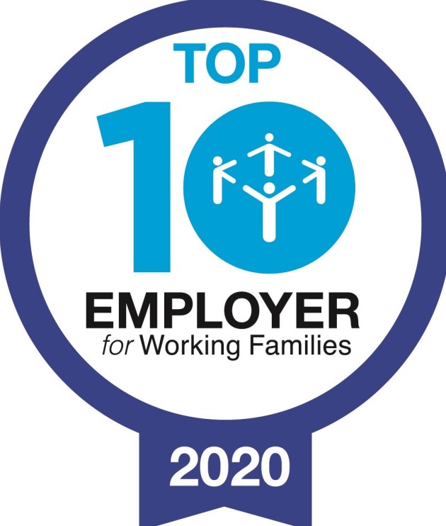 The logo for the  Top 10 Employer for Working Families 2020 Award