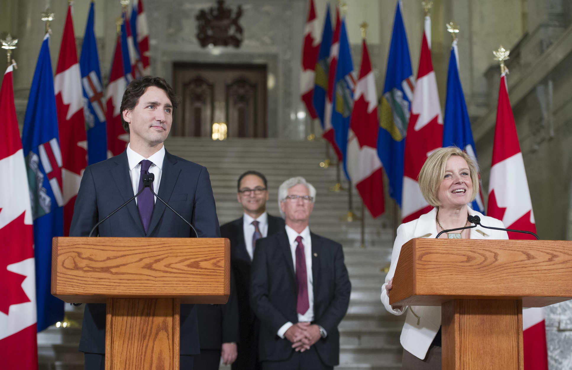 Premier Rachel Notley and Prime Minister Justin Trudeau speaking in Edmonton during the Prime Minister's visit to Alberta in 2016. ((c)Chris Schwarz/Government of Alberta)