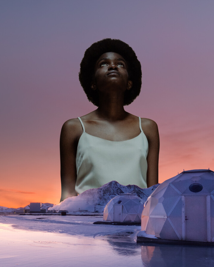 Collage of a woman looking skywards on a purple sunset background with climate innovation (domes) in the foreground