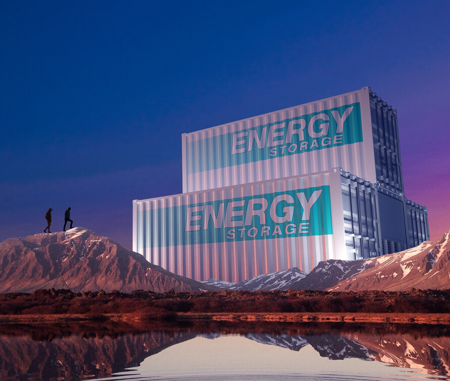 Undaunted collage showing two figrues walking over mountains to huge energy storage units