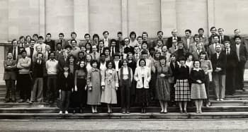 A large group photo of the original 1981 Management Science class.