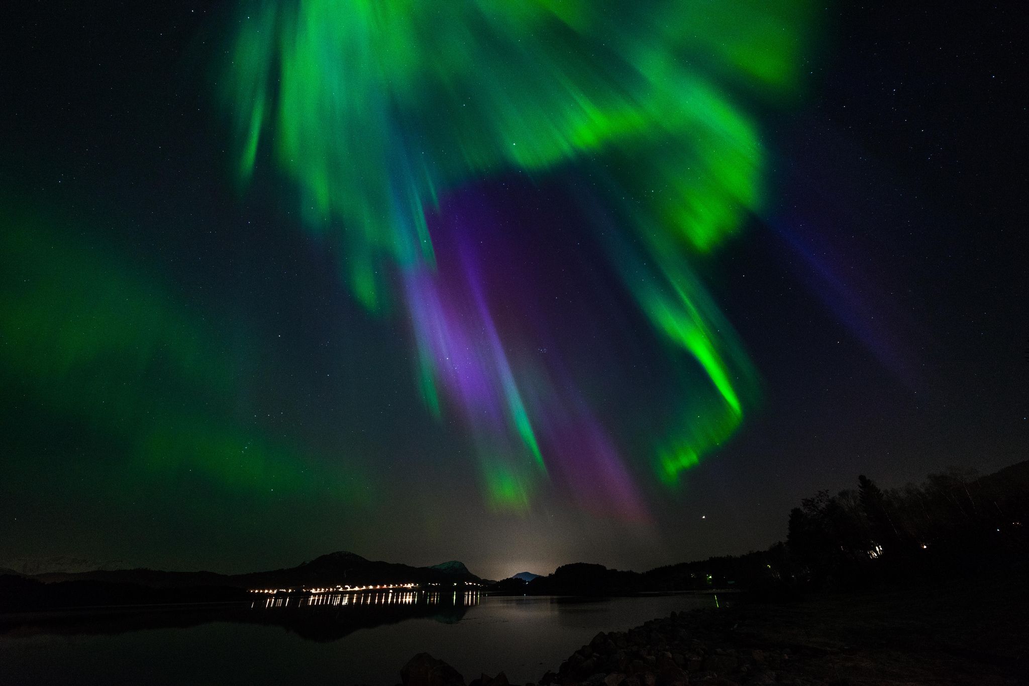 Nothern lights spanning the night sky, showing ribbons of purple, blue, and green
