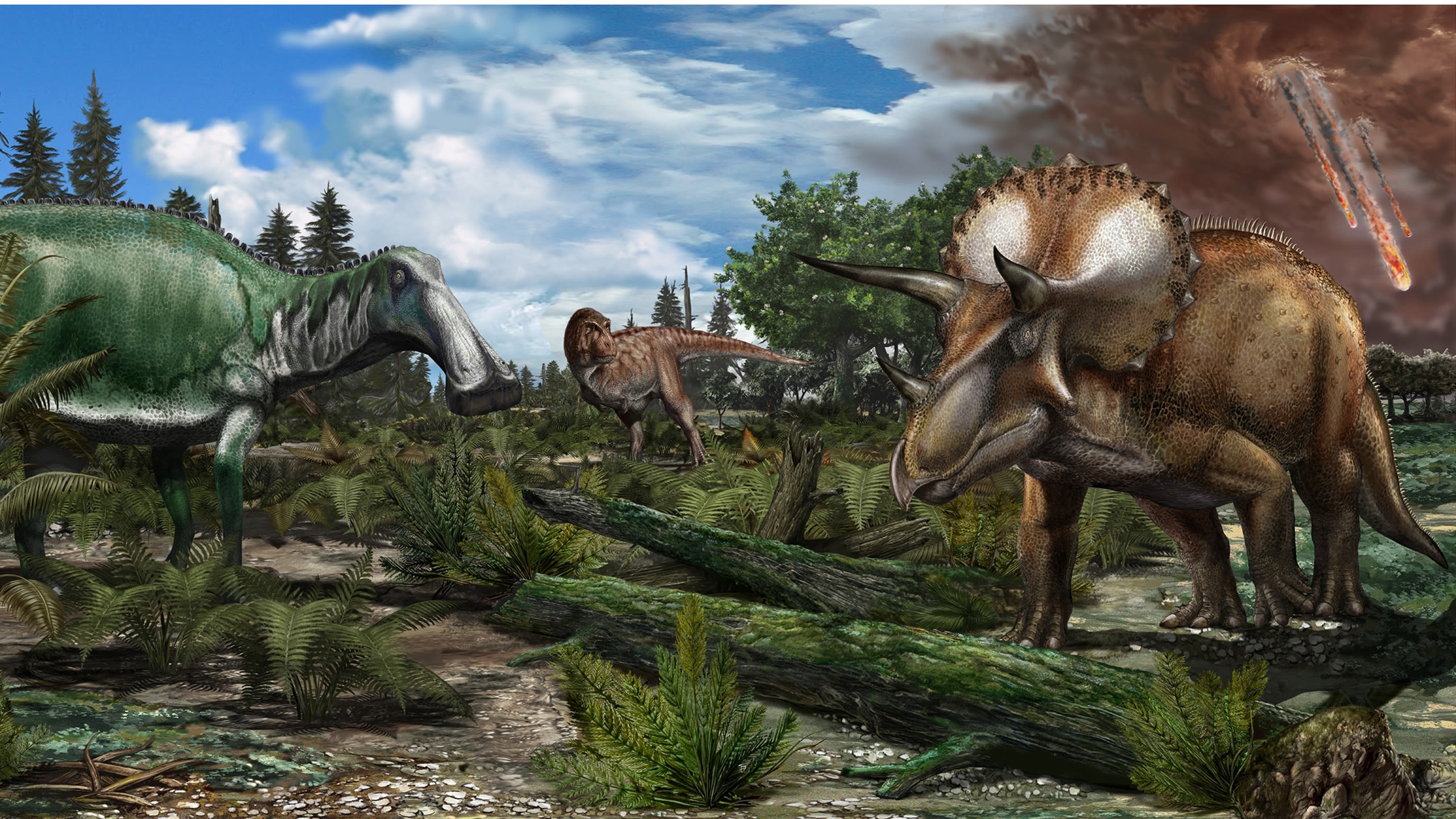 Illustration of dinosaurs as the asteroid strikes