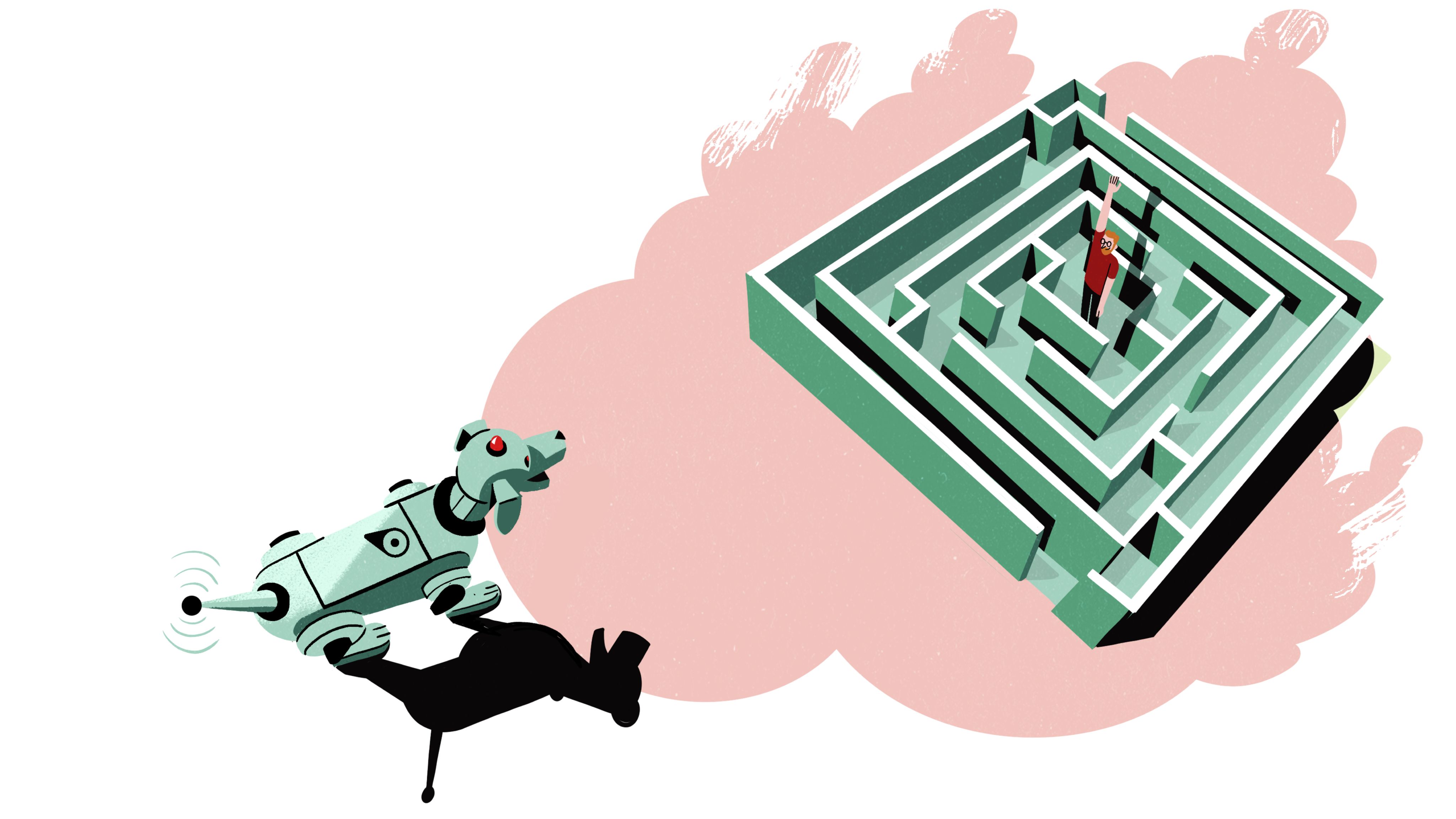 A robot dog looks at a cartoon man trapped in a maze