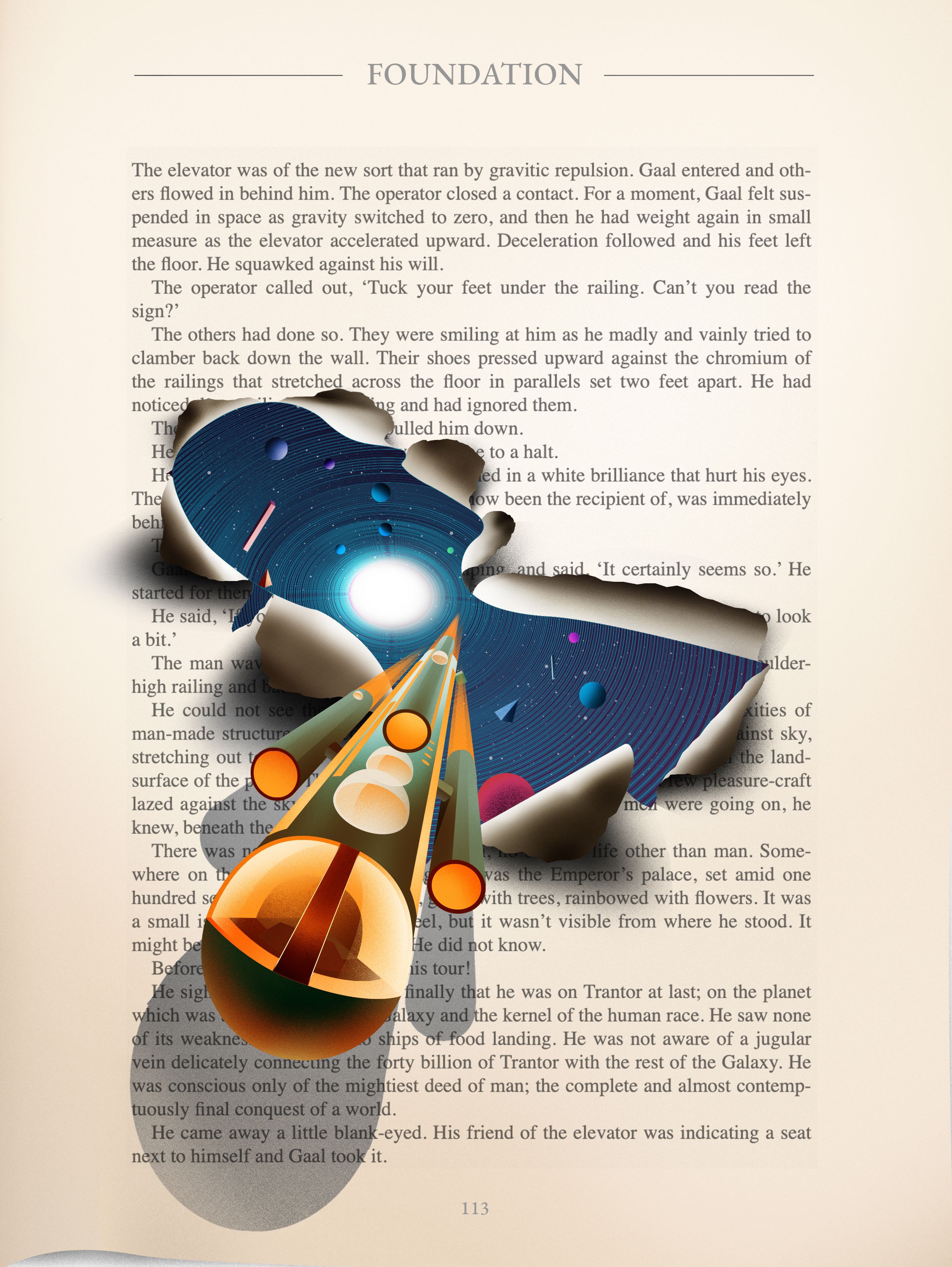 Illustration of spaceship breaking through the page of a book