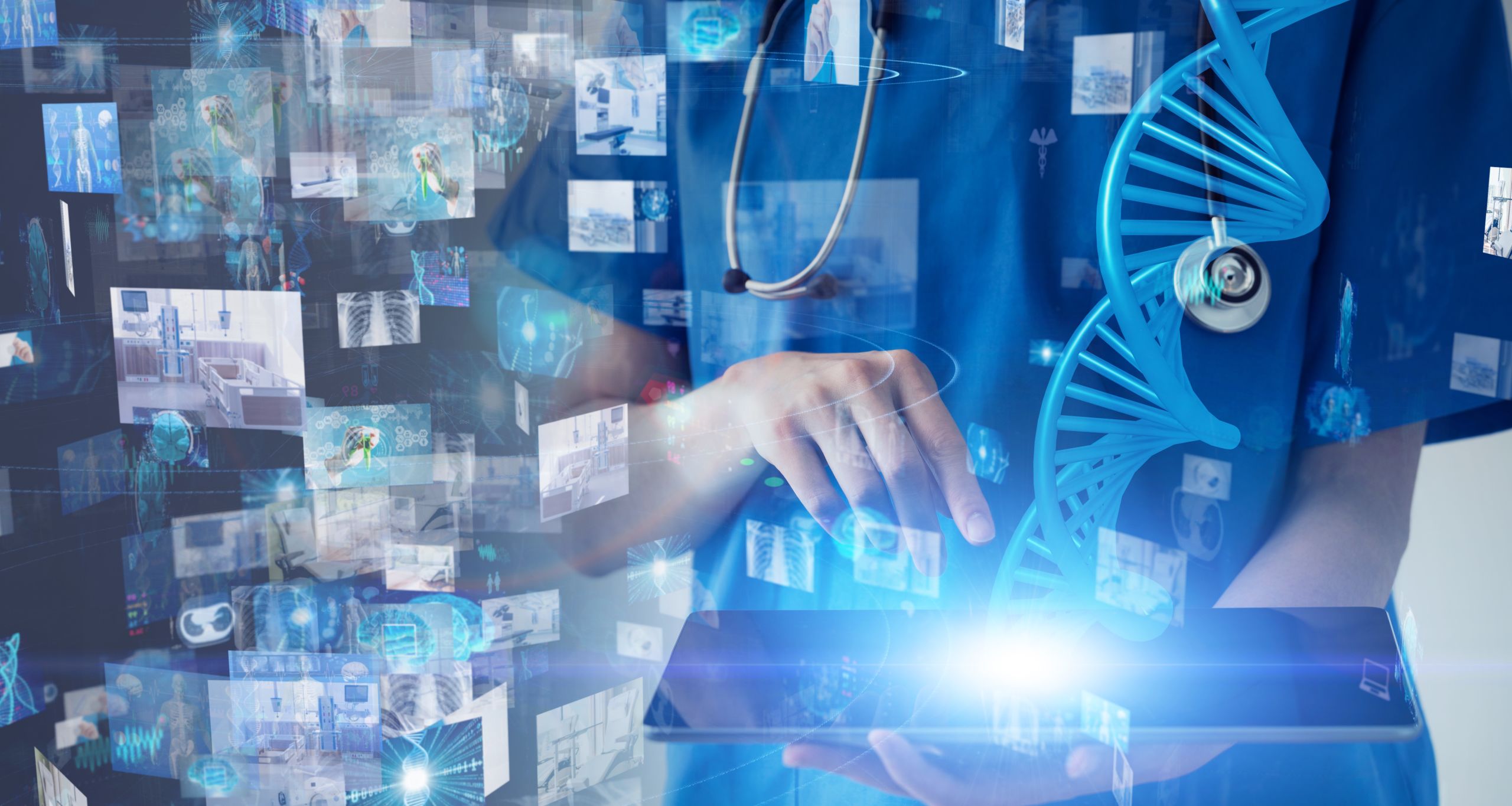 An in illustration of a health professional with a stethoscope, and an overlay of a DNA Double helix, and various images of healthcare settings and technologies