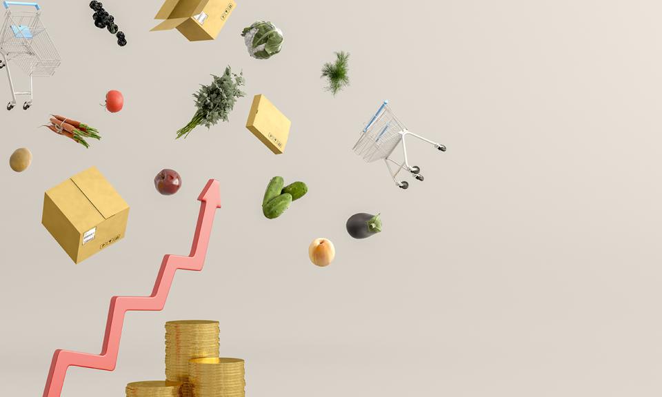 An arrow rising above a stack of coins as various food products, boxes and trolleys float around it
