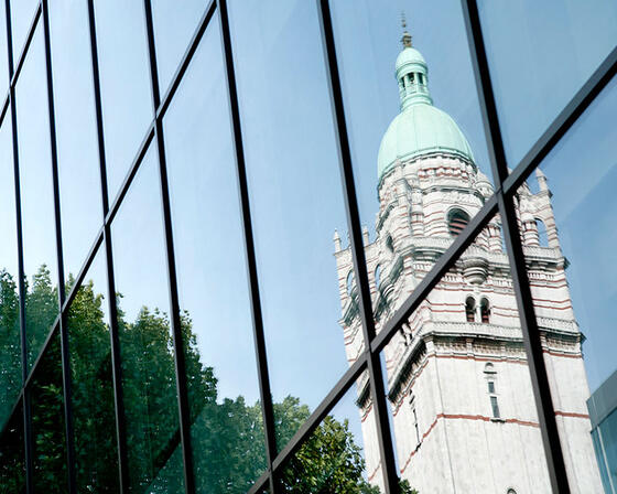 A reflection of the Queen's Tower at Imperial College London South Kensington campus