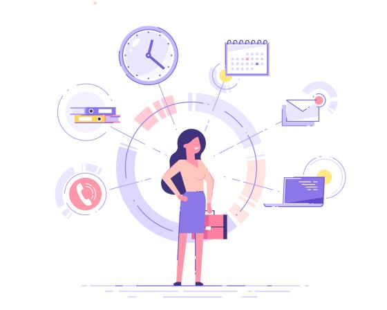 Illustration of women balancing her time with images of a phone, a clock, a calendar and a laptop surrounding her