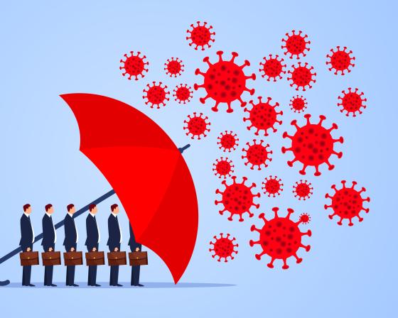 People in suits standing behind an umbrella while it rains COVID-19