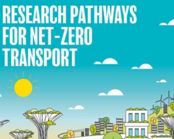 Cartoon image of futuristic city with text 'Research pathways for net-zero transport'