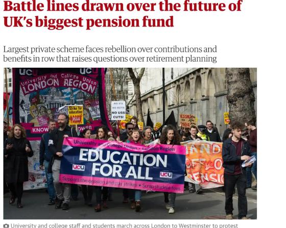 University and college staff and students march across London to Westminster to protest against tuition fees and pension cuts for lecturers