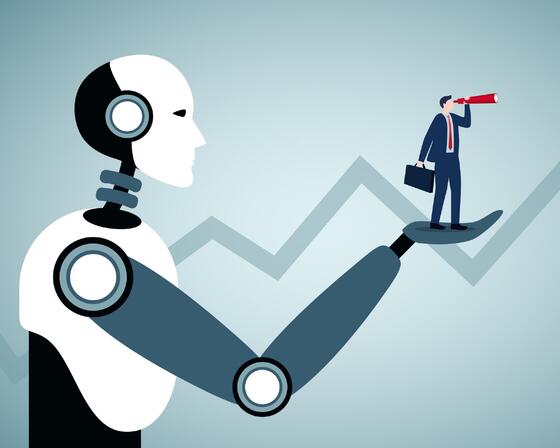 Illustration depicting artificial intelligence helping businessman make strategy and forecast