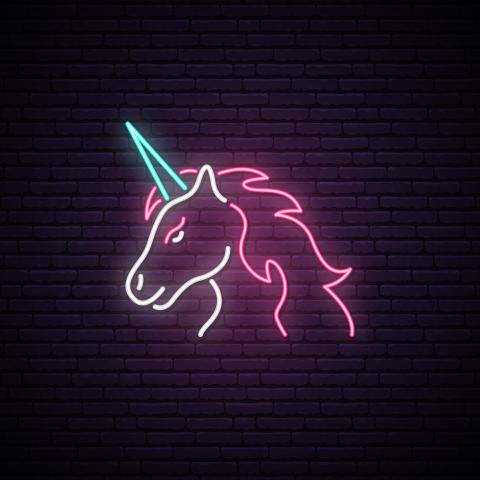 A neon sign in the shape of a unicorn's head