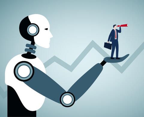 Illustration depicting artificial intelligence helping businessman make strategy and forecast