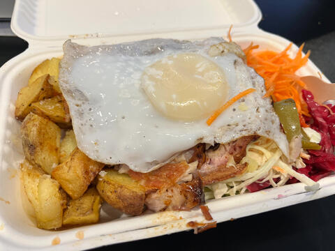 Lunch of pork belly with a fried duck egg from the Farmer's market