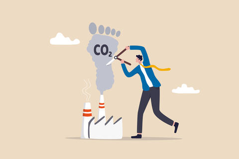 Illustration of businessman cutting image of CO2 footprint rising from a factory