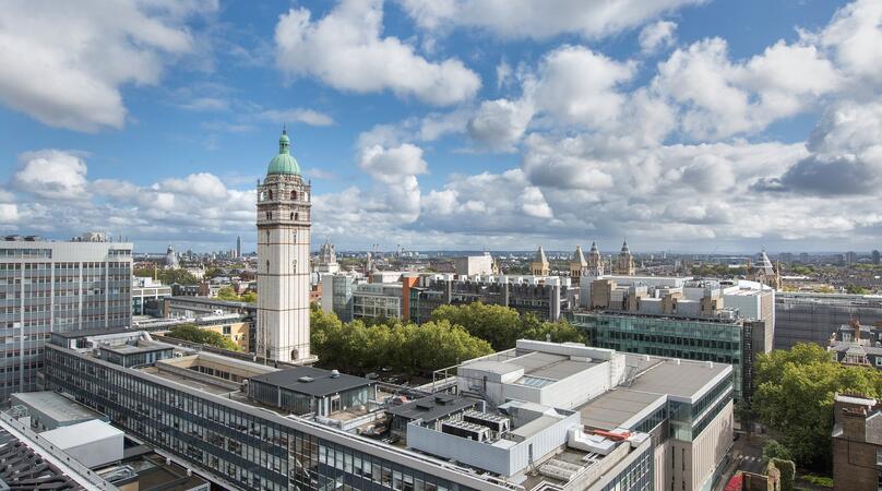 Aerial view of Queen's Tower at Imperial's South Kensington campus