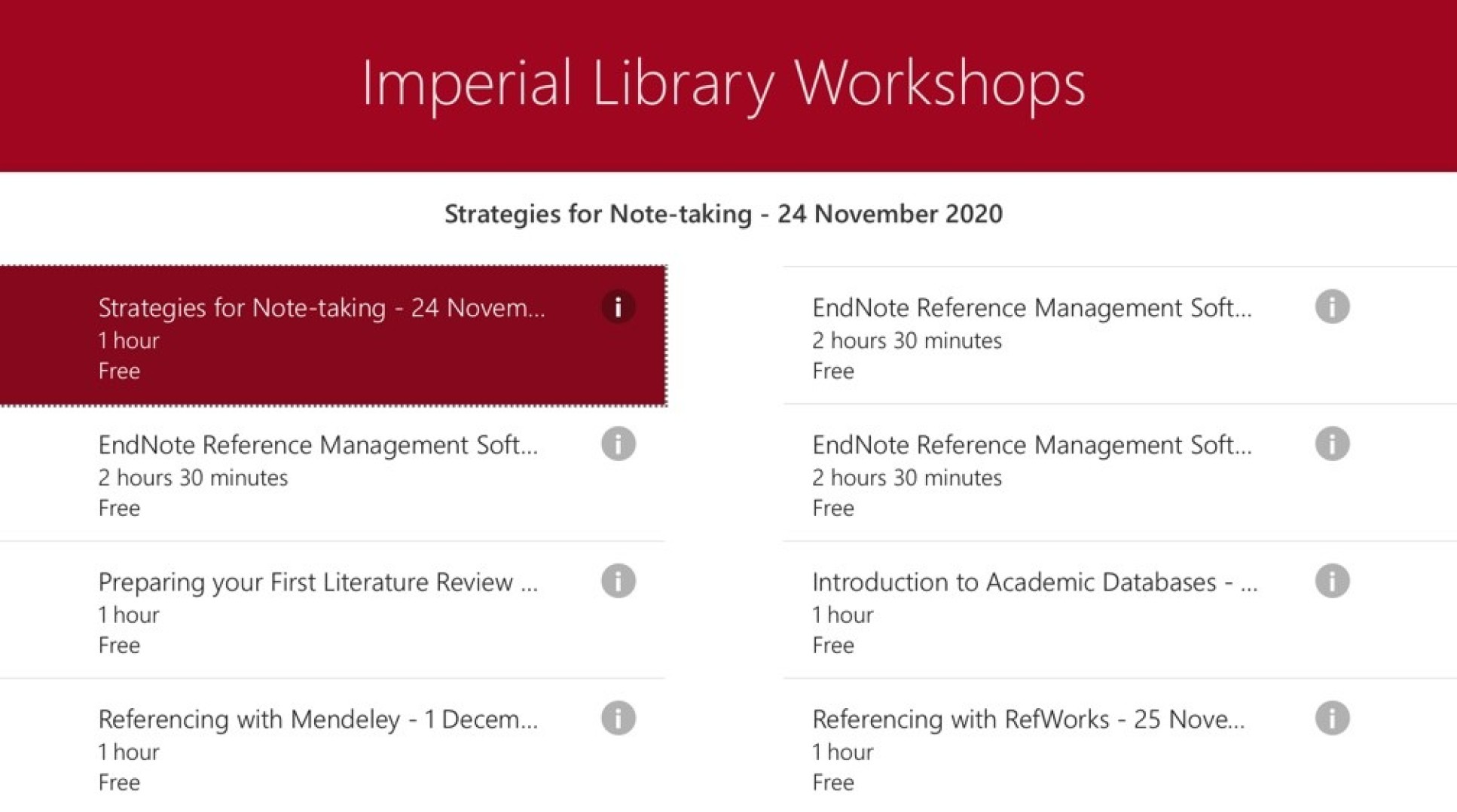 Screenshot image of the workshop Bookings page