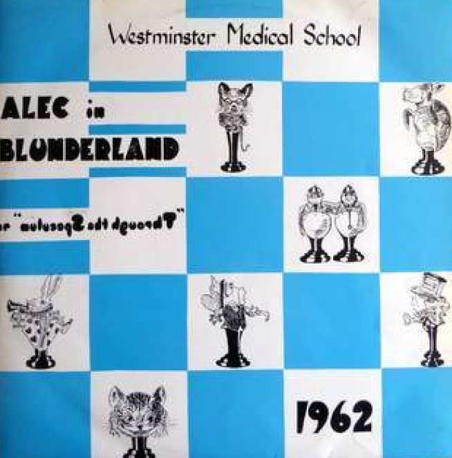 Record sleeve showing (centre vertical row second box from the bottom) the Red Queen dressed in the manner of the Dean and (right end of same row) Dr Richard Bayliss as the Hatter with the weights of the heart and kidneys on his hat as any self respecting histopathologist might do!