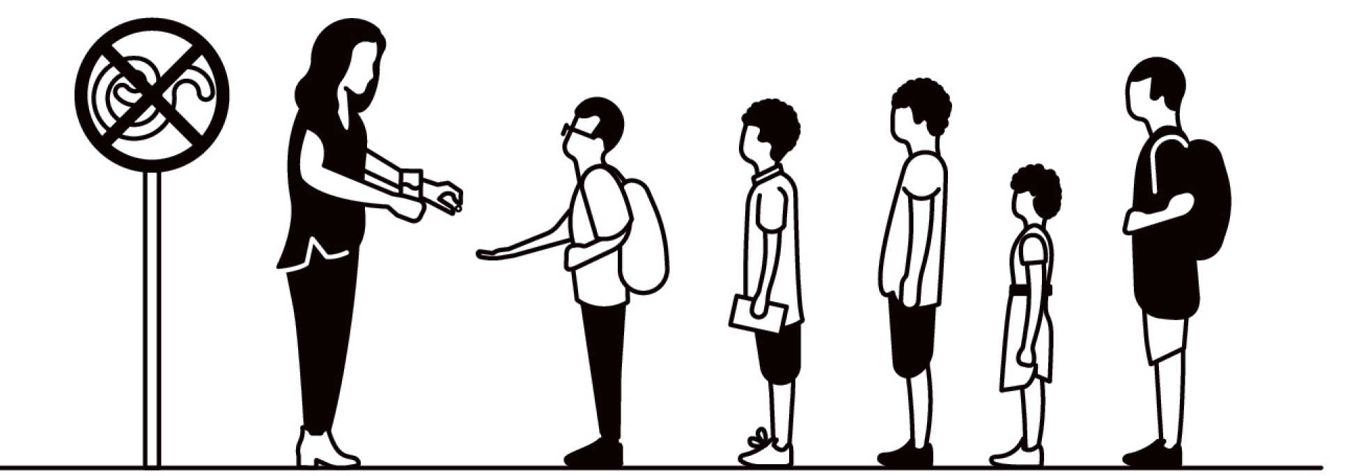 An illustration showing a woman handing a vaccination tablet to a child and four more children waiting behind in a queue.