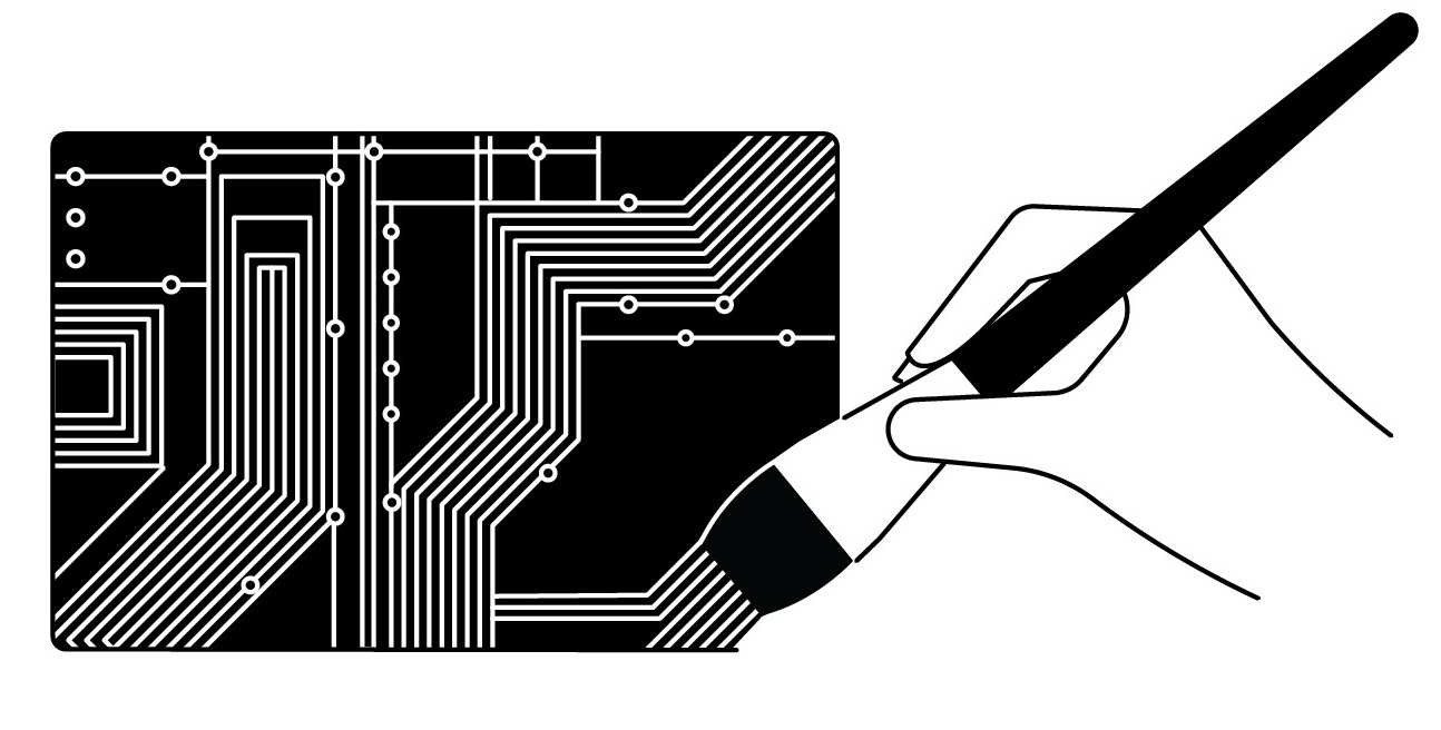 An illustration of a hand holding a paint brush and painting onto a circuit board