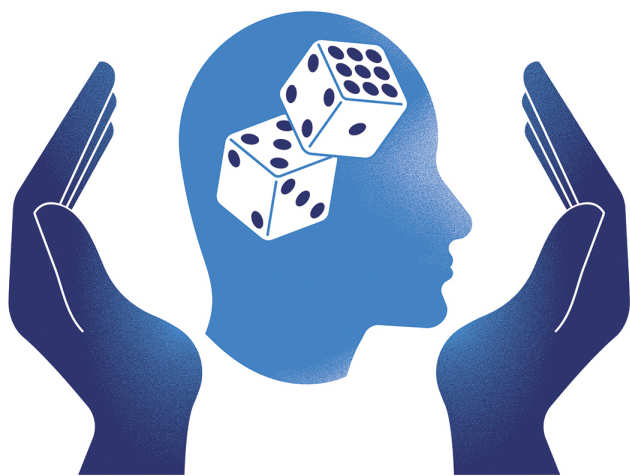 Graphic: A head with dice cupped in two hands