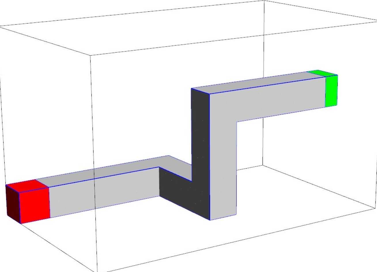 Geometry for a 3D dogleg problem. The duct region is transparent, surrounding by a heavy scattering region, with the bulk a heavy absorber. Red region is source, average flux in green region is goal.