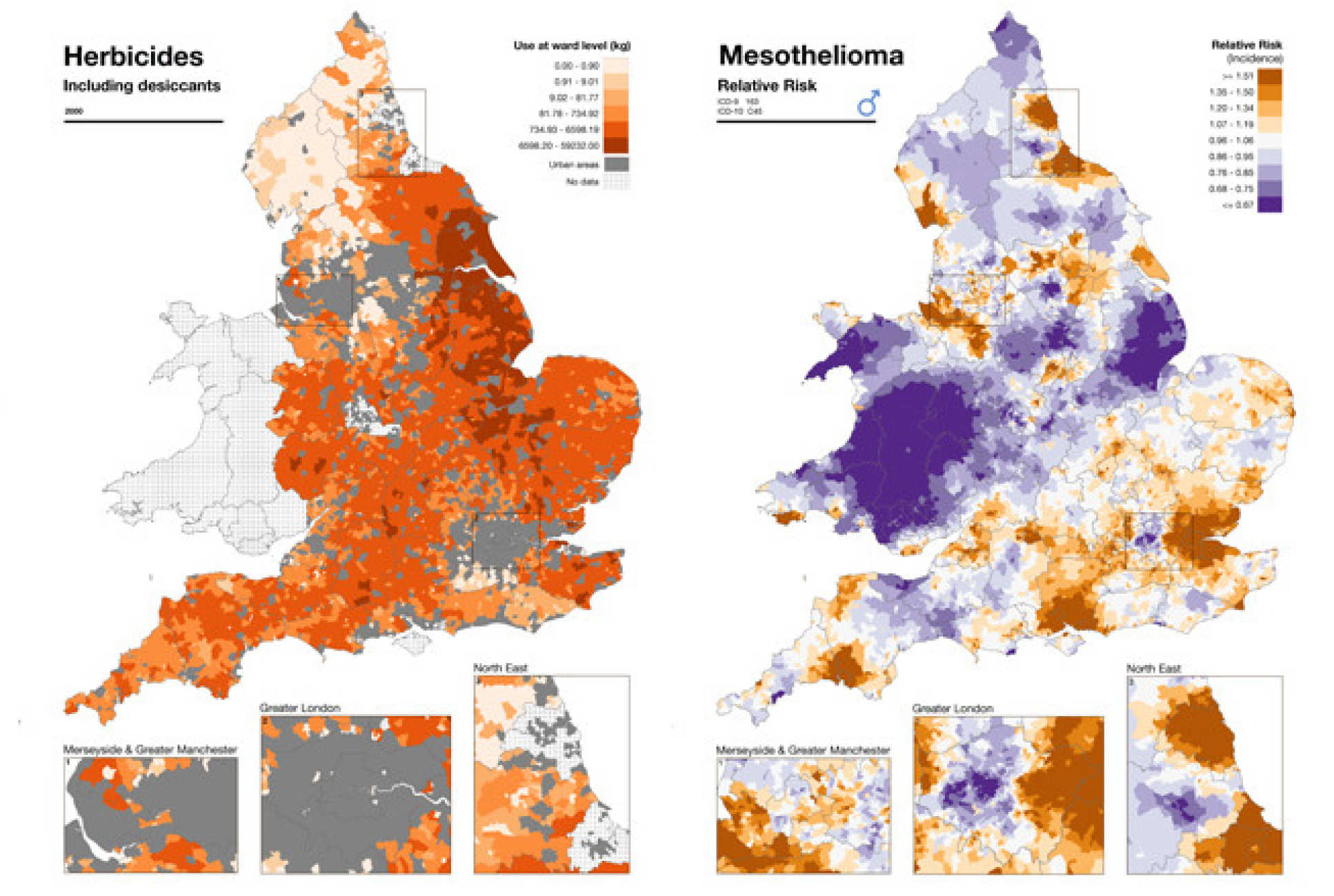 Atlast maps showing prevalance of herbicides and relative risk of mesothelioma