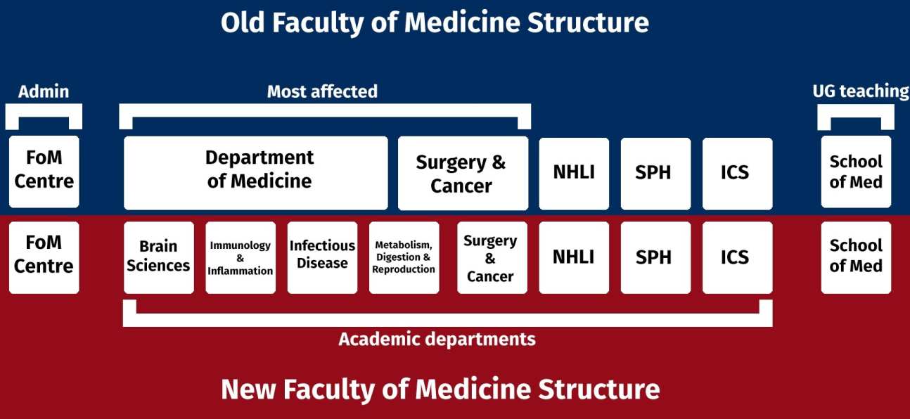 Figure shows in summary how groups from current Department of Medicine will form four new departments.  Also shows how some groups from Department of Surgery and Cancer will join the new Department of Metabolism, Digestion and Reproduction