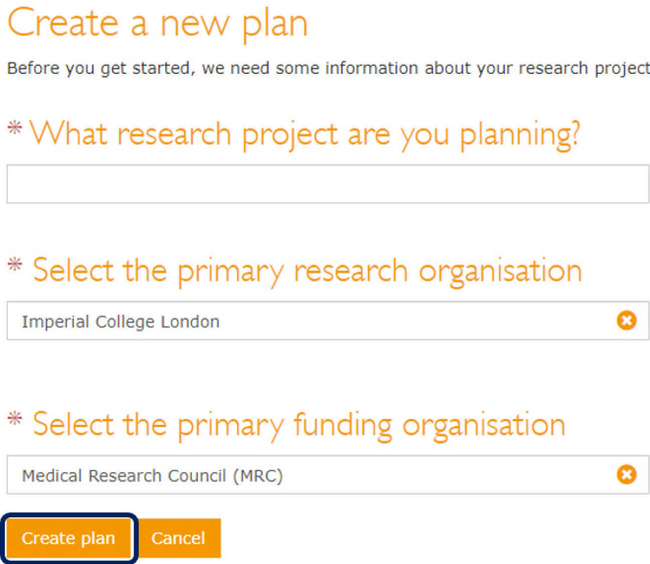DMPOnline create a new plan page