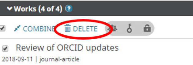 Orcid webpage with the delete box highlighted