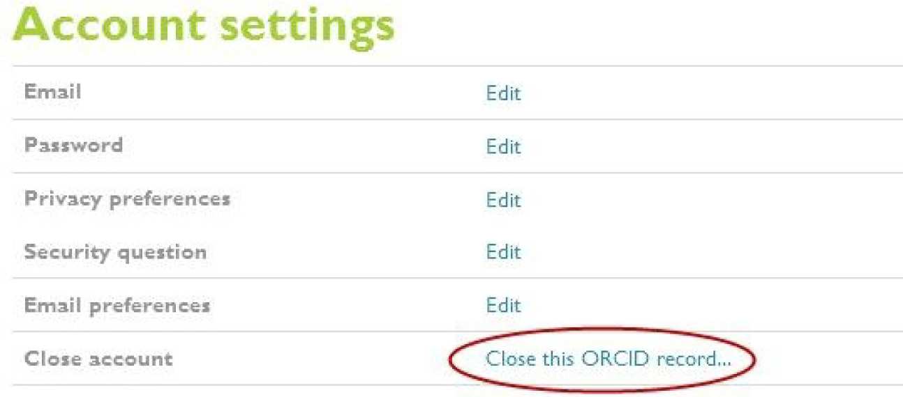 ORCID screen image showing Account settings