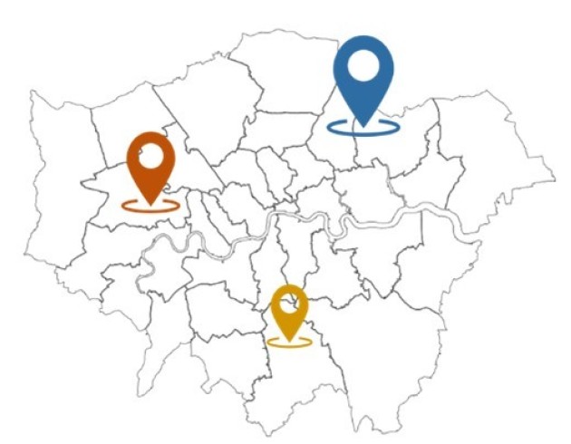 Greater London map with geolocation symbols