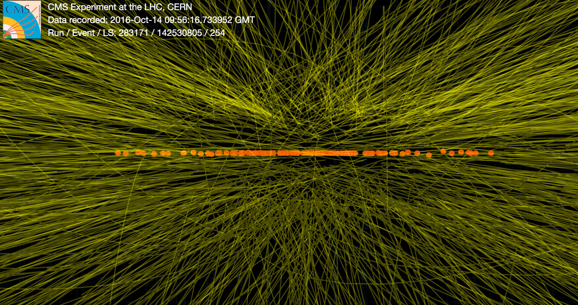 Approximately 100 simultaneous proton-proton collisions in an event recorded by the CMS experiment