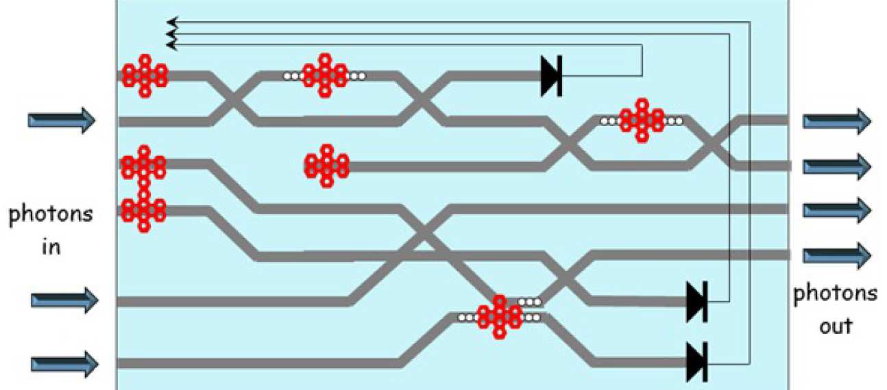 Envisioned nanoscale waveguide quantum circuit. Organic molecules are used as sources of indistinguishable photons and nonlinear switches. Cavities are integrated inside the chip to enhance the photon-molecule interaction. Detectors and feedforward can be integrated in one substrate.