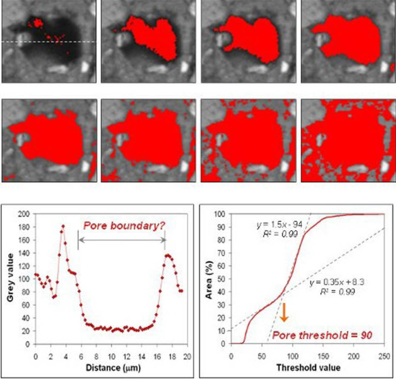 Fig 3: The difficulty in defining the pore boundary is solved by plotting the cumulative brightness histogram. The inflection of the curve defines a critical point and threshold for the pores3.